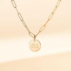 Our Dainty Love Links Necklace is the perfect personalized jewelry piece to gift to your loved ones. Add a hand-engraved message to make it all that more special and one of a kind.Available in 925 Sterling Silver and 18K Champagne Gold PlatedChain length &amp; style: 18 Trace ChainCharm: 0.6 Diameter, 0.03 ThicknessSecure clasp fasteningCharms are removable from this chain and can be worn on all Merci Maman chain lengthsHand-engraved in our Paris workshopSent with love in a complimentary gif Minimalist Engraved Charm Necklaces For Wedding, Minimalist Engraved Charm Necklace For Wedding, Stamped 14k Gold Necklace For Anniversary, Hand Stamped Yellow Gold Necklace For Anniversary, Hand Stamped Yellow Gold Anniversary Necklace, Personalized Yellow Gold Jewelry For Wedding Gift, Personalized Yellow Gold Necklace For Wedding Gift, Hand Stamped Yellow Gold Jewelry For Wedding, Minimalist Engraved Name Necklace For Wedding