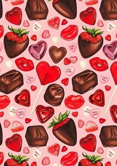 chocolate hearts and strawberries on a pink background with candy canes in the middle