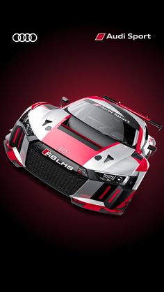 an audi sport car with red and white stripes on the hood, in front of a black background