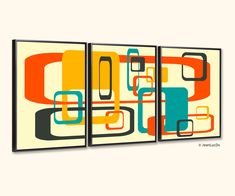 three framed art pieces with abstract shapes on the wall in an orange, blue, and green color scheme