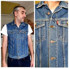 "denim clothing Mens denim Vest men waistcoat blue Vest Vintage Sleeveless Jacket Mens Vest mens cotton Vest mens jeans vest M 100 % cotton height of the men in the photo - 187 cm Please refer to photos for details of condition. Condition: good vintages Measurements: Length: 63 cm/ 24.8 \" Bust: 96 cm/ 37.8 \" Waist 90 cm/ 35.4 \" Size 36 M note The color on the pictures may vary due to monitor settings and light reflections. Ready to ship Please do not hesitate to contact with me for any questi Sleeveless Dark Wash Denim Vest With Pockets, Sleeveless Denim Vest With Pockets, Sleeveless Dark Wash Denim Vest Jacket, Sleeveless Denim Vest Jacket, Denim Blue Sleeveless Vest With Pockets, Sleeveless Cotton Denim Jacket With Pockets, Sleeveless Vest With Pockets In Medium Wash, Sleeveless Blue Denim Jacket With Pockets, Retro Blue Denim Vest With Pockets