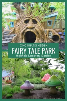 the fairy tale park with mushrooms and other things in it, including a tree house