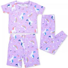 Roudelain Toddler Girl, 2 T 3-Pc. Pajama Set - Frolic Unicorns Crocus Petal Regular Price $46 Super-Soft, Cute Pajama Set : Shorts And Jogger Pants, Short Sleeve Top Bottom: Elastic Waist; Pull-On Styling. Inseam 14”. Shorts: Elastic Waist; Pull-On Styling. Top: Crewneck; Pullover Styling; Short Sleeves. Chest 20”, Top Length 14.5”. Size 2t (Fits 29-31 Lb; 35-36”) Material: 95% Polyester 5% Spandex. Care: Machine Wash Cold. Playful Matching Sets For Sleepover, Purple Short Sleeve Loungewear Sets, Cute Short Sleeve Purple Set, Purple Cotton Sleepover Set, Purple Cotton Sleepwear Set, Playful Matching Bedtime Set, Playful Matching Bedroom Set, Purple Cotton Pajama Party Sets, Cute Purple Sets For Sleepover