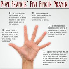 a cell phone screen with an image of a person's hand and the text pope franks five finger prayer