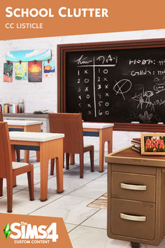 an image of a classroom with chalkboard and chairs