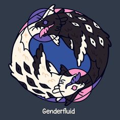 two cats are hugging each other in the shape of a ball with words genderfluid on it