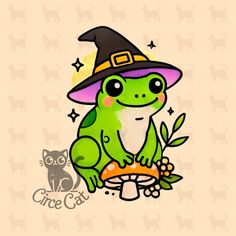 a green frog wearing a witches hat sitting on top of a mushroom