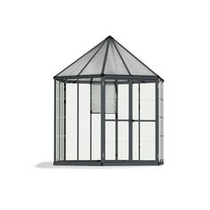 a black and white gazebo with glass walls on the top, against a white background