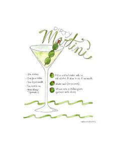 a drawing of a martini glass with olives on the rim, labeled dirty martini