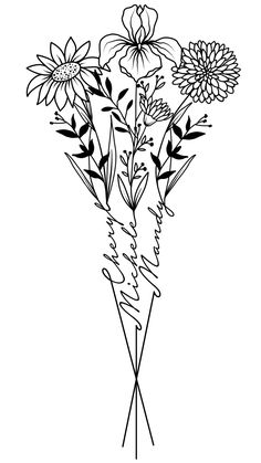 a black and white drawing of flowers with the word love written on it in cursive writing