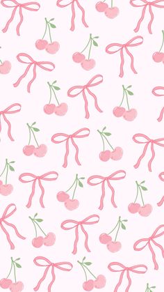 cherries with pink bows and green leaves on a white background seamless wallpaper