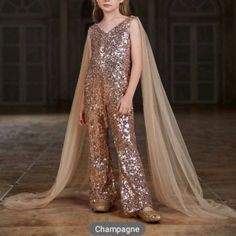 Beautiful Champagne Gold Tween Girl V-Neck Cape Sleeve Sequin Party Jumpsuit. Brand New Without Tags Color: Champagne Gold Size: 11y Brand: Alisa&Leo Flapper Girl Dress, Toddler White Dress, Navy Velvet Dress, Pink Princess Dress, Flower Embroidered Dress, Party Jumpsuit, Vintage Velvet Dress, Girls Designer Dresses, Girl Red Dress