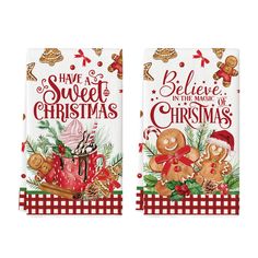 two christmas towels with gingerbreads on them