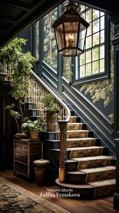 the stairs are lined with potted plants in front of an open window and lamp