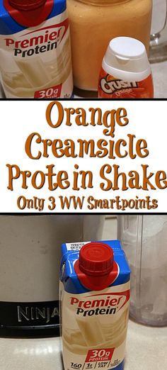 an orange creamsice protein shake is shown in this collage with the words, orange creamsice protein shake only 3w smart points