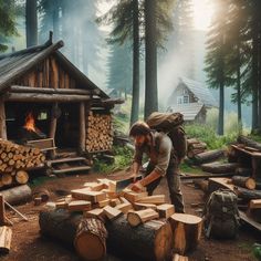 a man chopping wood in front of a log cabin with firewood stacked on the ground