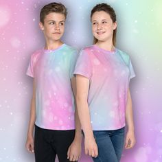 Chase your dreams and always believe in unicorns! Teen unisex tee with all-over pink/blue gradient print sublimation - Sizes 8 - 20 This product is made to order and will take at least 4-5 days to produce before it is shipped This exclusive design is only available at Hunky Donkey! SHIRT INFO: Get a t-shirt that your teen will love! This tee is a colorful statement piece that's made of a soft fabric and has an eye-catching design that won't fade. * 95% polyester, 5% elastane (fabric composition Teenager Boy Outfit, Gradient Pastel, Gradient Print, Teenage Girl Outfit, Teen Party, Blue Gradient, Elastane Fabric, All Over