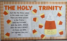 Christian Fall Classroom Door Ideas, Candy Corn Bible Story, Candy Corn Bible Lesson For Kids, Candy Corn Bible Lesson, October Christian Bulletin Boards, Candy Corn Trinity, Toddler Bible Crafts, Catholic Bulletin Boards, October Bulletin Boards