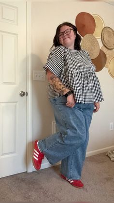 Short Mid Size Fashion, Eclectic Grandpa Plus Size, Midsize Fashion Women, Art Teacher Outfits Plus Size, 90s Kindergarten Teacher Aesthetic, Plus Size Indie Sleaze, Plus Size Outfit Aesthetic, Plus Size Outfit Inspo Aesthetic, Outfits For Big Chested Women