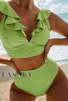 Lasaky - Elegant Floral Print V-Neck High-Waisted Halter Two-Piece Bikini Swimsuit for Women Swimwear 2024, Swimsuits High Waisted, Swim Skirt, Cute Bikinis, Neck Ruffle, Swim Suit, Women Lace, Spring Summer Fashion, Lime Green