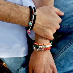 Handcrafted one-of-a-kind bracelet made with vintage white ridged beads and vintage turquoise gemstone free-shape discs, sterling silver center, finished off with green leather and sterling silver and turquoise danglers. Great bracelet to wear in the summer or in a warmer climate. We love this bracelet stacked with another one or two from our mens collection. Dreaming of the Amalfi coast? Bracelet measure 7.5 inches Unisex, custom sizes available Made with love in Los Angeles Complimentary gift Jewelry Guide, Summer Jewelry Trends, Surf Necklace, Mens Bracelet Black, Mens Bracelets, Junk Jewelry, Black Weave, Stylish Bracelet, Mens Leather Bracelet