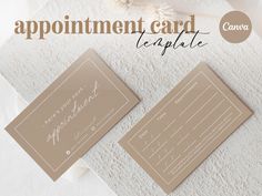 two brown and white wedding cards with the words appointment card template on top of them