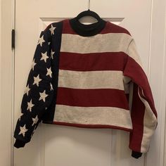 ver wish that you could wear a blanket? This sweatshirt is for you! Cozy blanket tapestry crewneck sweatshirt featuring the stars and stripes of the American Flag. Perfect for any patriotic event.  This sweatshirt is made from a preloved tapestry blanket and may have imperfections from its previous life that only add to its beauty. Fabric does not have stretch.  Size: Medium  Chest across: 23" Length: 22" Tapestry condition: good Tapestry Weight: heavy Sizing is similar to a typical sweatshirt baring in mind that the tapestry sweatshirt does not have any stretch. I recommend comparing measurements to a sweatshirt you already own. If you have concerns about sizing please send me an Etsy message. American Flag Sweatshirt, Tapestry Blanket, Previous Life, Media Chest, Cozy Blankets, American Flag, Crew Neck Sweatshirt, Stripes, Gender Neutral