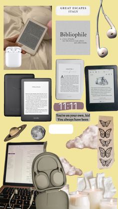 an assortment of electronic devices, books and other items on a yellow background with text