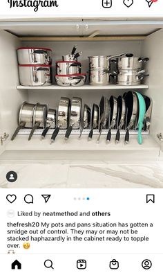 an open refrigerator filled with pots and pans