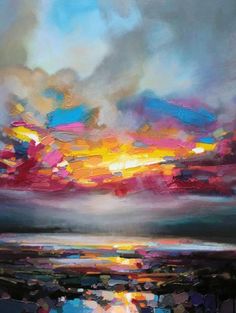 an abstract painting of colorful clouds over water