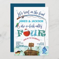 a card with an image of a fish and a fishing pole on it that says, let's feel in the fund jackson & jordan are 6 - fish - allys one