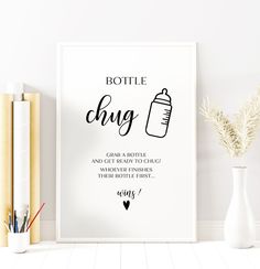 a poster with the words bottle chug on it next to some books and pencils