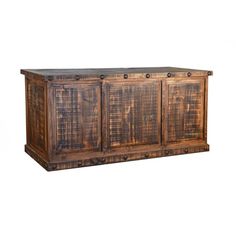 a large wooden cabinet with four doors and drawers on the bottom, in front of a white background