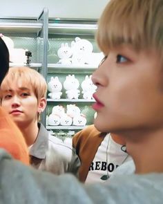 three young men standing next to each other in front of shelves with teddy bears on them