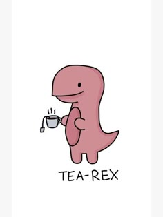 a pink dinosaur holding a cup of tea