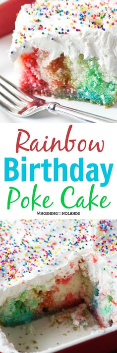 rainbow birthday poke cake with white frosting and sprinkles