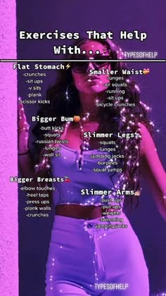 a woman in a purple outfit with words describing her body