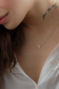 "14k Solid Gold Zodiac Virgo Pendant Necklace, Dainty Initial Zodiac Sign Necklace, Astrology Jewelry Birth Sign Necklace is a Great Birthday Gift Virgo is the sign of idealism and purity. You are compassionate nurturing and extremely tender-hearted. You are determined to stand up for justice and are always a champion for the mistreated. Our zodiac necklaces make the most perfect gift for so many occasions, weddings, birthdays or as the perfect staple in your own jewelry collection. It's a meani Virgo 2023, Zodiac Sign Jewelry, Virgo Jewelry, Virgo Pendant, Virgo Necklace, Jewellery Photography Inspiration, Jewelry Wishlist, Jewellery Photography, Astrology Jewelry