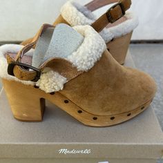 Brand New Madewell Shearling Clogs Size 7 Winter Slip-on Clogs With Buckle Closure, Winter Buckle Closure Slip-on Clogs, Winter Clogs With Buckle Closure And Round Toe, Winter Brown Closed Toe Clogs, Winter Clogs With Wooden Heel And Round Toe, Casual Shearling Clogs With Round Toe, Winter Suede Clogs With Round Toe, Leather Clogs With Faux Fur Lining For Winter, Winter Leather Clogs With Faux Fur Lining