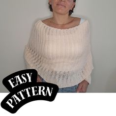 an image of a woman that is wearing a knitted sweater with the words easy pattern on it