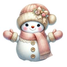 a snowman wearing a pink hat and scarf