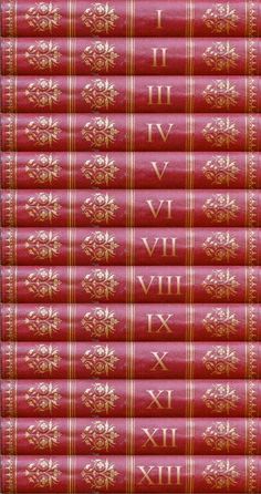 six red books with roman numerals and numbers on the front, all lined up in rows