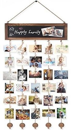 a wooden sign hanging from the side of a wall with pictures on it and words that say happy family