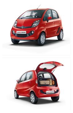 two different views of a small red car