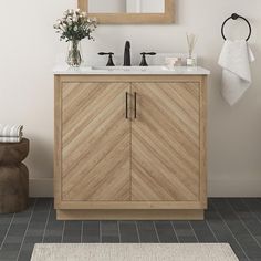 a bathroom with a sink, mirror and towel rack on the wall next to it