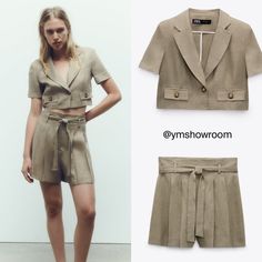 Shorts : High-Waisted , Front Pleats , Belted Blazer : Cropped, Not Lined 100% Linen Chic Beige Sets With Pockets, Workwear Sets With Pockets And Short Shape, Zara Summer Workwear Sets, Spring Workwear Sets In Khaki, Spring Workwear Khaki Sets, Khaki Workwear Sets For Spring, Fitted Khaki Sets For Spring, Khaki Sets With Pockets For Spring, Beige Short Sleeve Sets For Workwear