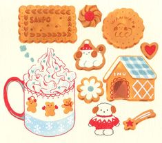 a drawing of some cookies and other items