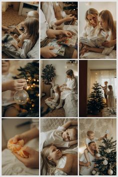 a collage of photos showing people and children decorating the christmas tree in their living room