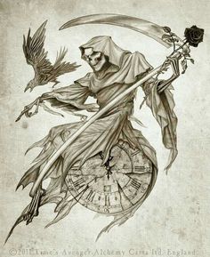 a drawing of a person holding a knife and a clock with two birds flying around