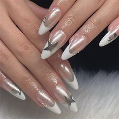 Nail Art Stickers Decals Transfers Metallic SILVER Shooting Stars  (141S) Chrome French Tip Nails, August Nails, Silver Nail, Nagel Tips, Nail Type, Pointed Nails, Y2k Nails, Nail Length, Beauty Nail